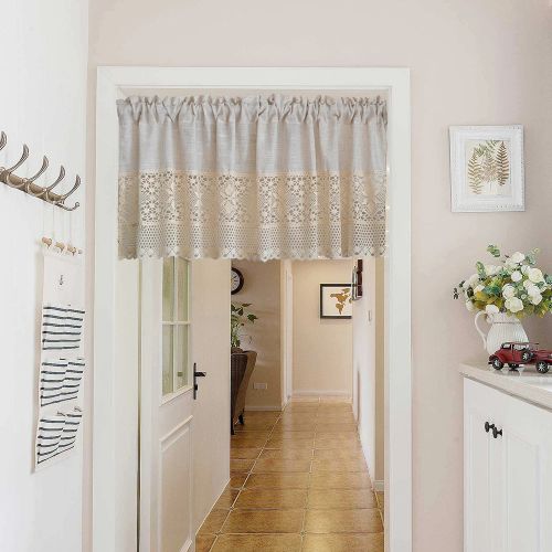 AiFish Handmade Cotton Linen Kitchen Curtains with Crochet Lace Valance