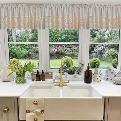 AiFish Handmade Cotton Linen Kitchen Curtains with Crochet Lace Valance
