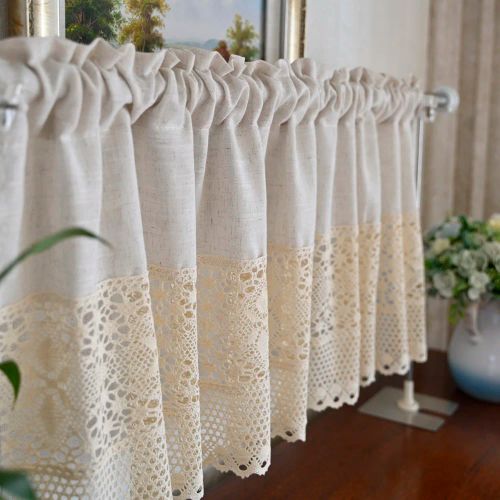 AiFish Handmade Cotton Linen Kitchen Curtains with Crochet Lace Valance
