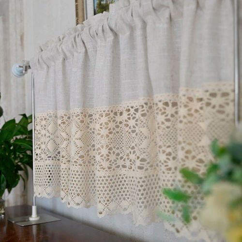 AiFish Handmade Cotton Linen Kitchen Curtains with Crochet Lace Valance