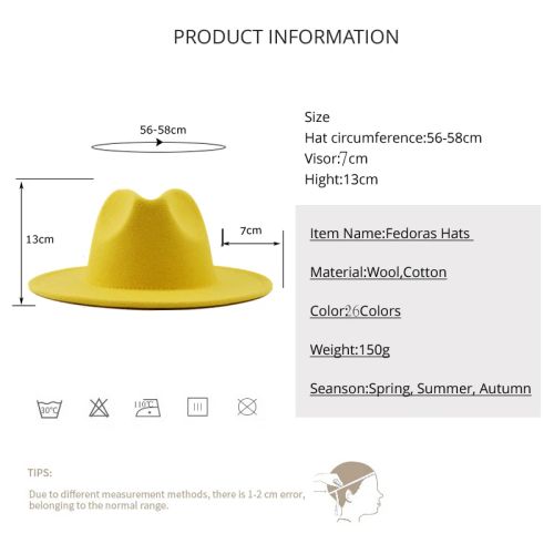 Jiangxihuitian Wide Brim Fedora Hat - Stylish Wool Felt for All Seasons
