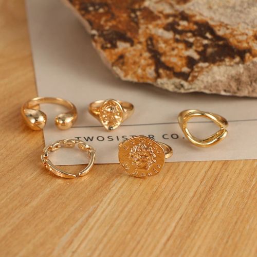 KISS WIFE Punk Golden Portrait Coin Chain Geometric Rings Set NEW Fashion Open Rings For Women 2021Trend Jewelry Gifts