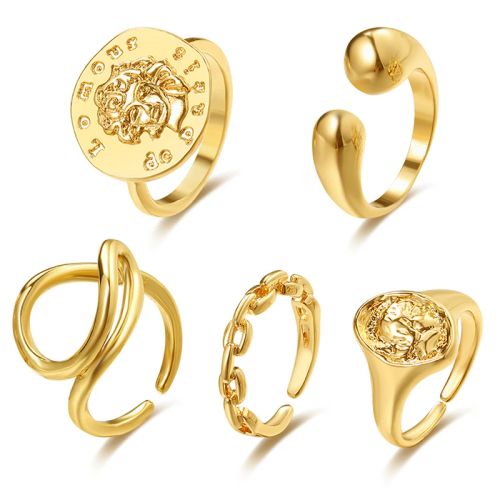 KISS WIFE Punk Golden Portrait Coin Chain Geometric Rings Set NEW Fashion Open Rings For Women 2021Trend Jewelry Gifts