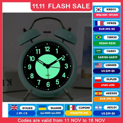 Twin Bell Loud Alarm Clock with Backlight - Silent Non-Ticking Quartz Design