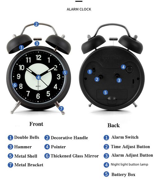 Twin Bell Loud Alarm Clock with Backlight - Silent Non-Ticking Quartz Design