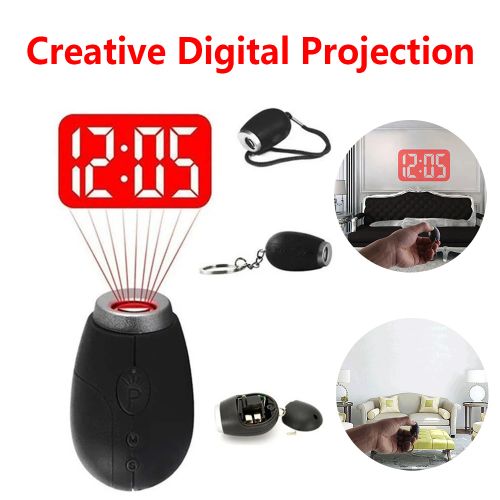 Creative Mini LED Clock Projector with Keychain Function & Night Light - black