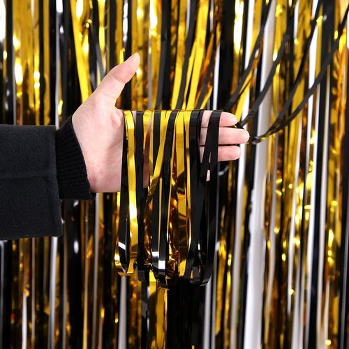 MicroPlush Black Gold Foil Curtain Backdrop - Elegant Party Decoration