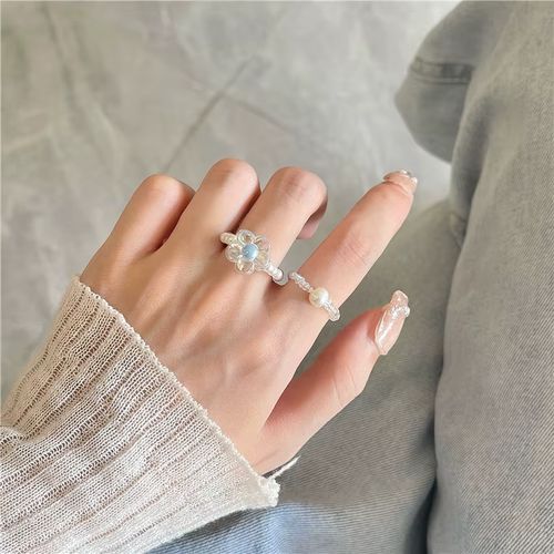 Rinhoo Sparkling Pearl Beaded Rings Set - Trendy Cocktail Rings for Any Occasion - RI22Y0465
