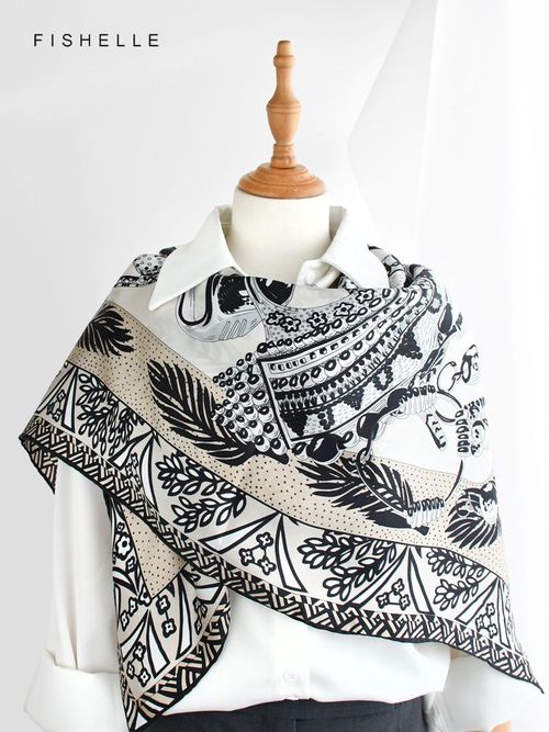 FISHELLE Silk Scarf - Elegant Design & Lightweight - Fashion Accessory - Black white