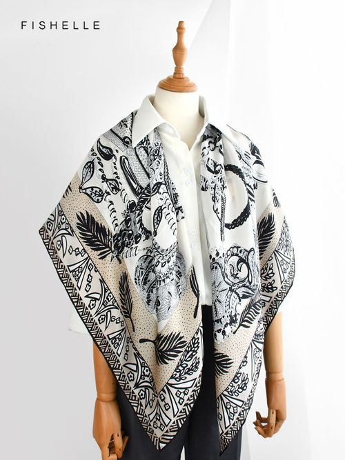 FISHELLE Silk Scarf - Elegant Design & Lightweight - Fashion Accessory - Black white
