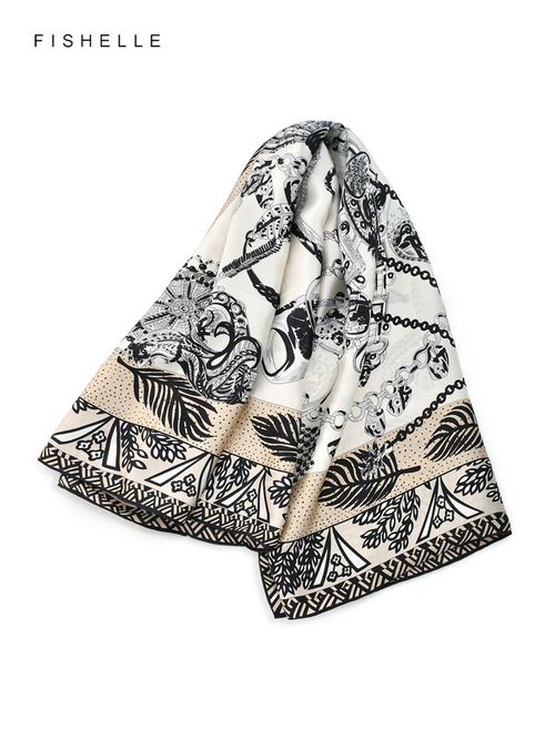 FISHELLE Silk Scarf - Elegant Design & Lightweight - Fashion Accessory - Black white