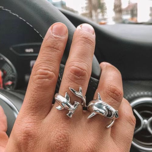 Shark Rings Set - Punk Style High-Quality Alloy Fashion Statement Rings - silver