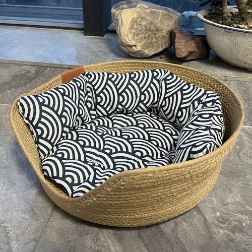 Cozy Handmade Bamboo Pet Bed | Waterproof & Removable Cushion Basket