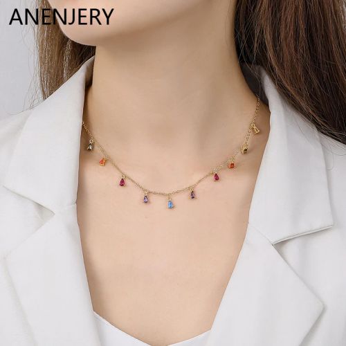 Anenjery Trendy Gold Plated Waterdrop Zircon Choker Necklace