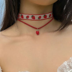 Salircon Gothic Strawberry Choker - Exquisite Velvet Y2K Necklace - Red