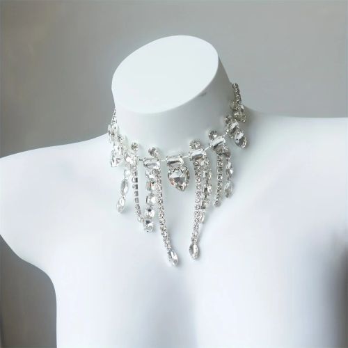 Exquisite Rhinestone Tassel Necklace - Elegant Luxury Party Accessory - SILVER PLATED