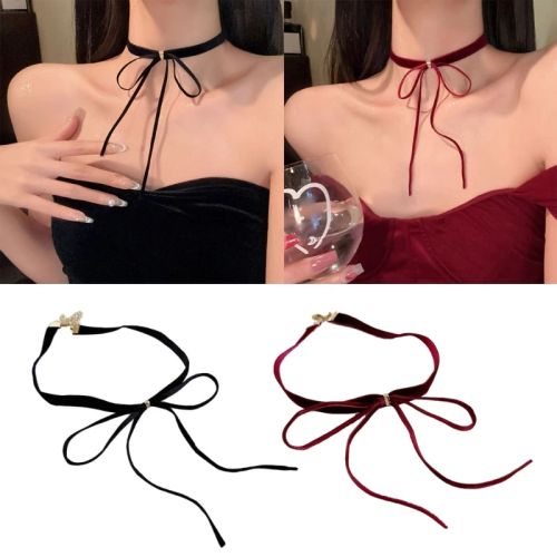 OOTDTY Velvet Bowknot Pendant Necklace - Unique Retro Charm