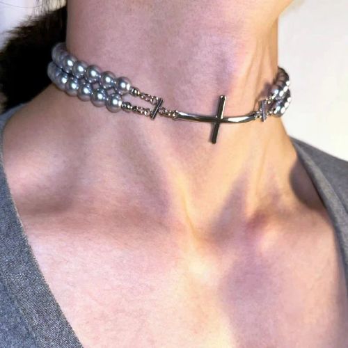 YWZIXLN Simulated Pearl Cross Necklace - Elegant Fashion Accessory