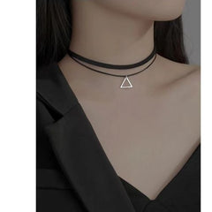 Vintage Stainless Steel Triangle Double Layered Choker Necklace - Steel color