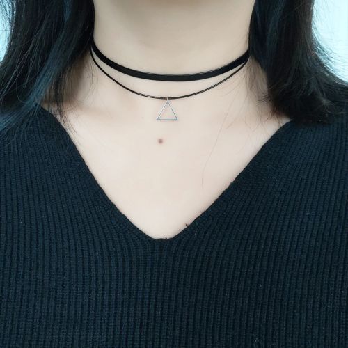 Vintage Stainless Steel Triangle Double Layered Choker Necklace - Steel color
