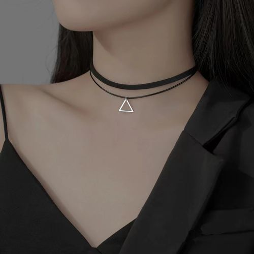 Vintage Stainless Steel Triangle Double Layered Choker Necklace - Steel color