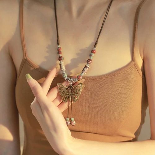 Handmade Butterfly Ceramic Necklace - Ethnic Chic Vacation Accessory