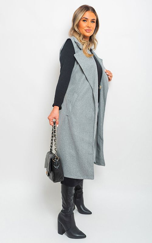 Longline Sleeveless Wide Lapel Waist Tie Jacket - Grey / S/M