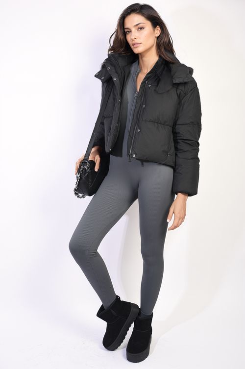 Hooded Puffer Jacket with Snap and Zip Closure - Black / M/L