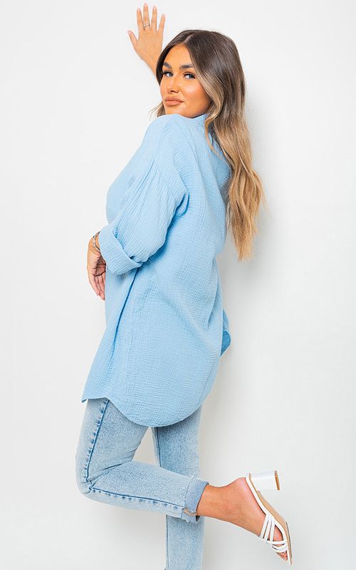 Button Down Long Sleeve Oversized Shirt - Sky Blue / M/L