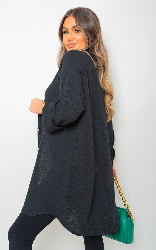 Button Down Long Sleeve Oversized Shirt - Black / M/L