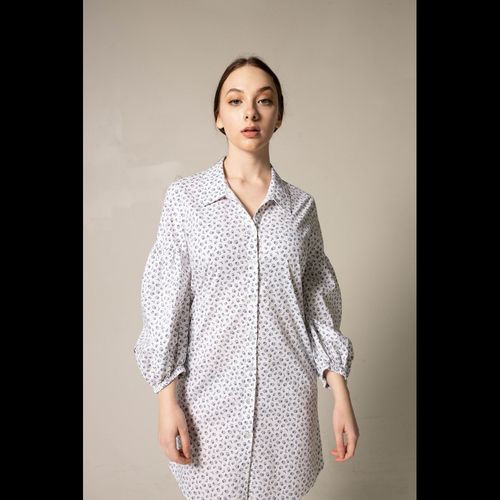 Shirt Dress with Oversized Sleeves in White Floral - white / L