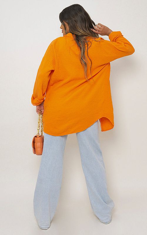 Button Down Long Sleeve Oversized Shirt - orange / M/L