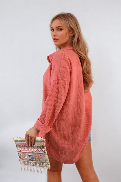 Button Down Long Sleeve Oversized Shirt - Coral / S/M