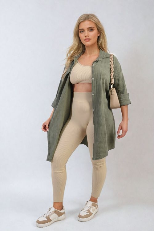 Button Down Long Sleeve Oversized Shirt - Khaki / M/L