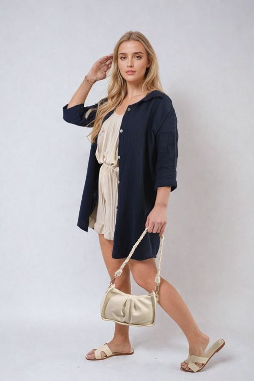 Button Down Long Sleeve Oversized Shirt - Navy / S/M