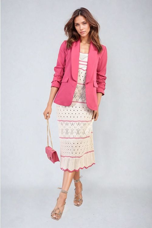Ruched Sleeve Open Front Blazer Jacket with Front Pockets - Fuschia / L