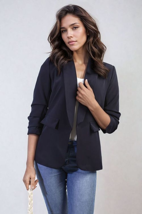 Ruched Sleeve Open Front Blazer Jacket with Front Pockets - Navy / M