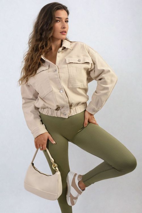 Cropped Button Jacket with Front Pockets - Beige / 20
