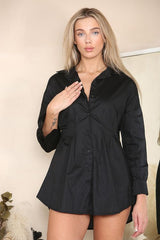 Collar Pleated Long Sleeve Women Fitted Waist Shirt