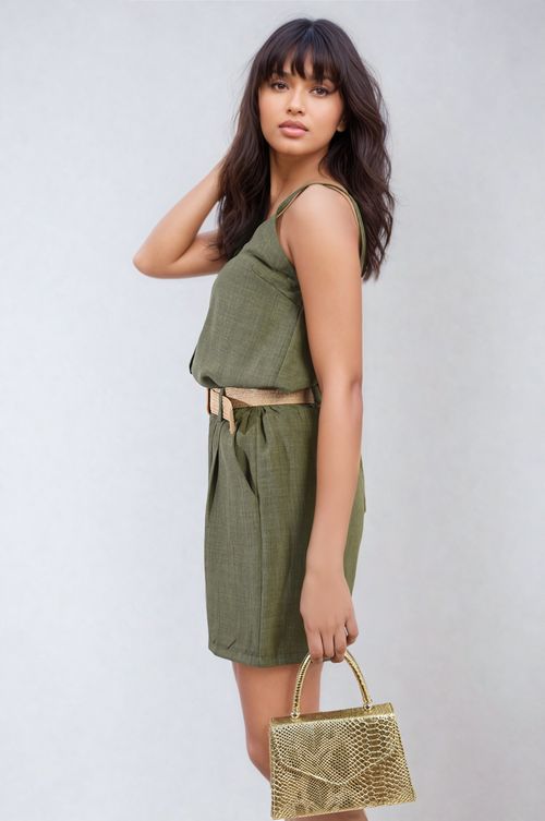 Belted High Waist Shorts - Khaki / ONE SIZE (8 - 14)