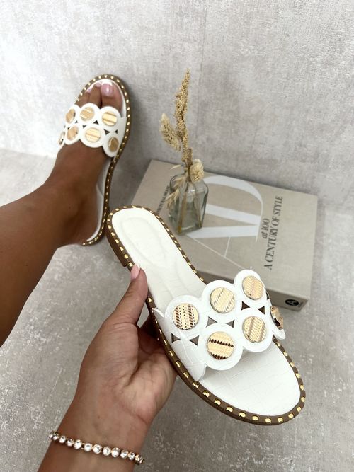 Studded Strap Flat Sandals - White / 5