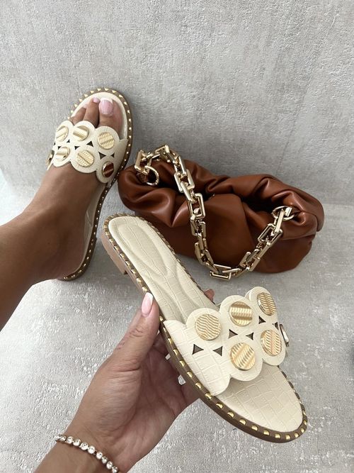 Studded Strap Flat Sandals - Beige / 6