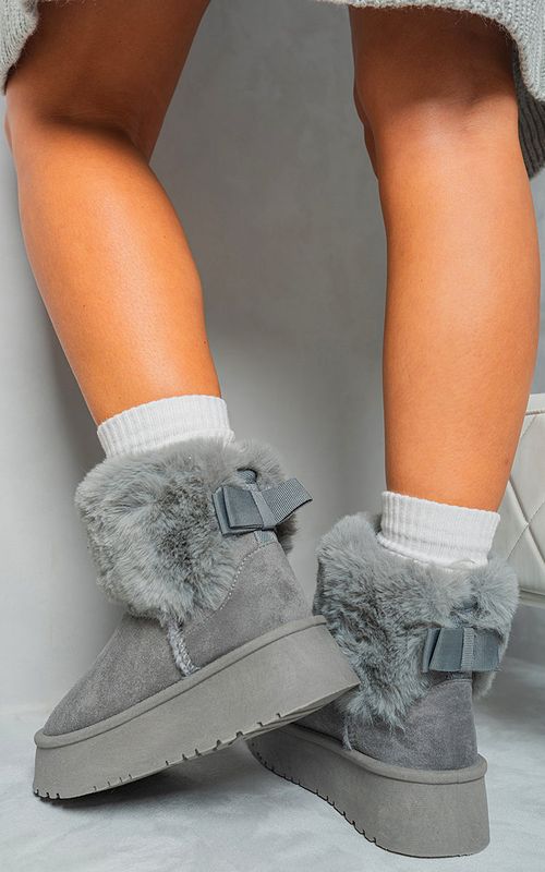 Fuzzy Cuff Slip On Snow Boots - grey / 8