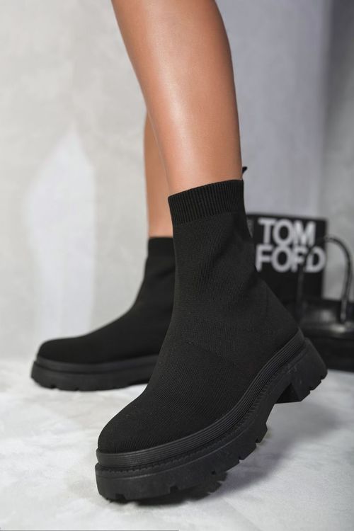 Platform Sock Ankle Boots - Black / 5