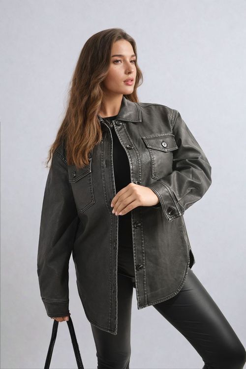 Button Front Pocket Detail Faux Leather Jacket - grey / M/L