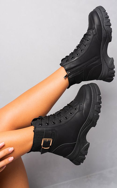 Chunky Lace Up Platform Ankle Boots - Black / 3