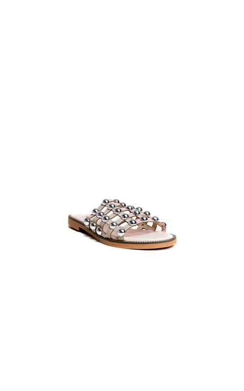 Studded Caged Open Toe Sliders - Nude / 6