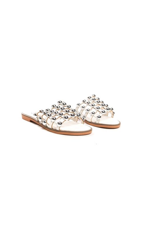 Studded Caged Open Toe Sliders - White / 4