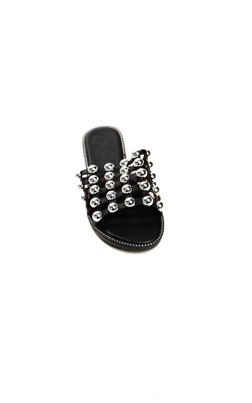Studded Caged Open Toe Sliders - Black / 8