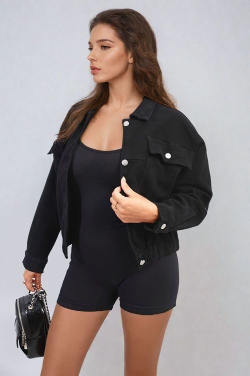 Cropped Button Jacket with Front Pockets - Black / 18
